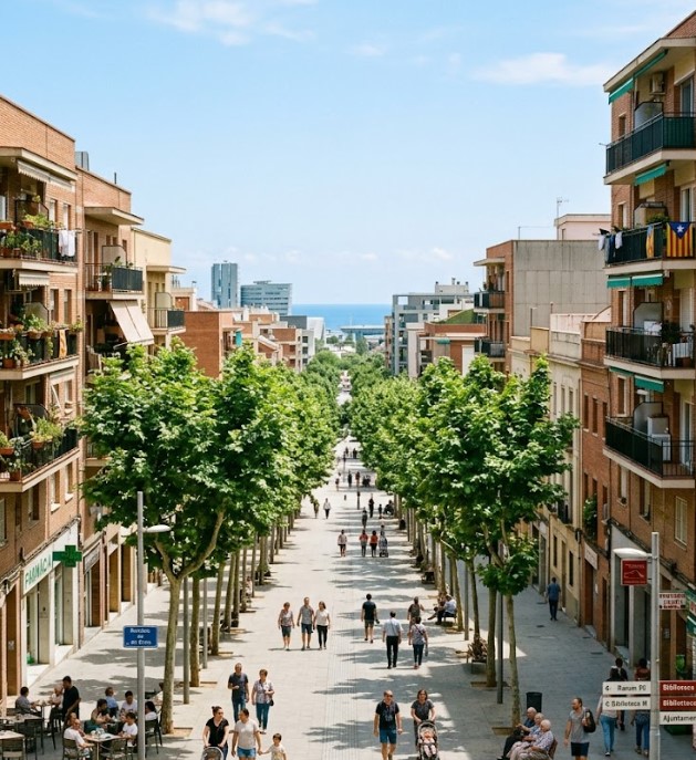 Vistas de las amplias avenidas, bloques de pisos y la vida vecinal en El Besòs i el Maresme, Barcelona